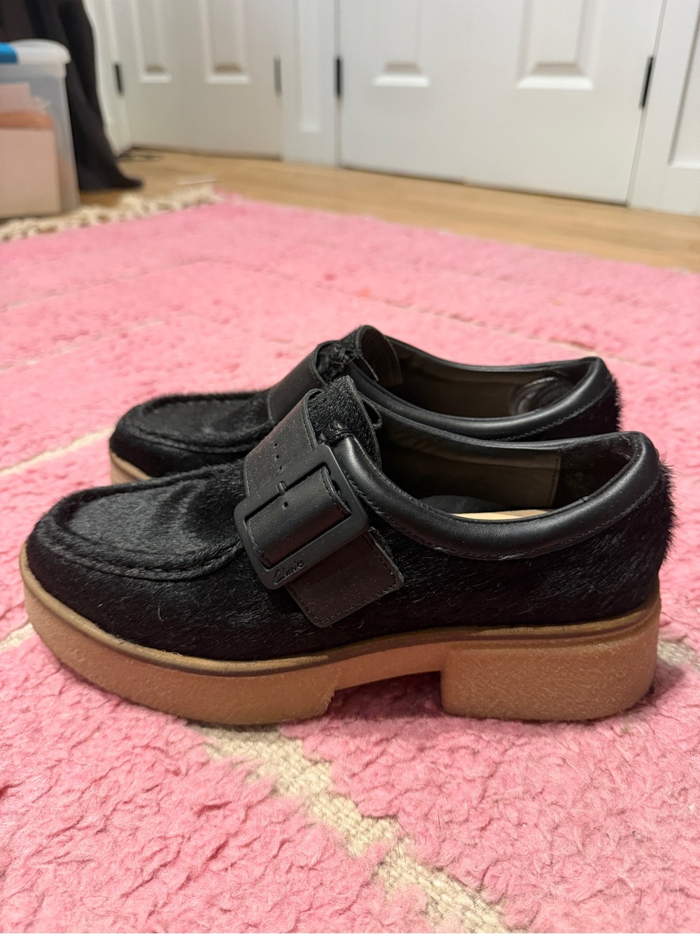 Clarks Black Faux-Hair Buckle Loafers with Tan Crepe Sole